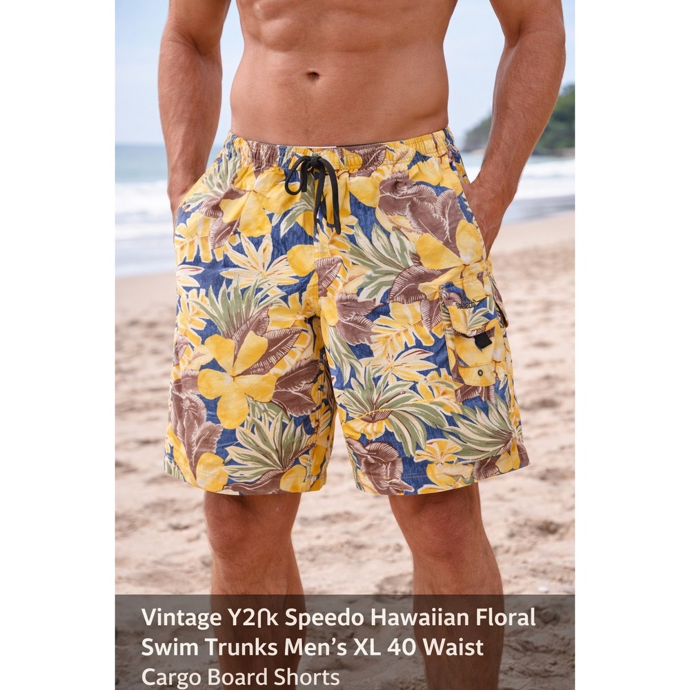 Speedo Mens XL Swim Trunks Hawaiian Floral Cargo Board Shorts Yellow Vintage Y2K